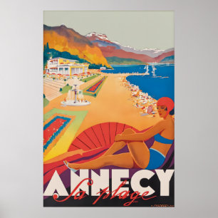 Vintage Annecy Reiseplakat Druck, La Plage Poster