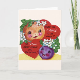 Vintage anthropomorphe Orange und Pflaume zum Vale Feiertagskarte