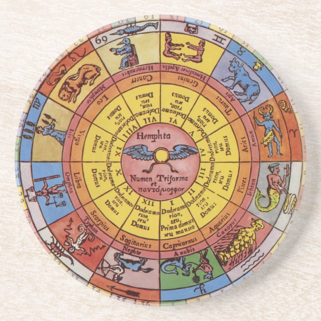Vintage antike Astrologie, Celestial Zodiac Wheel Getränkeuntersetzer (Vorne)
