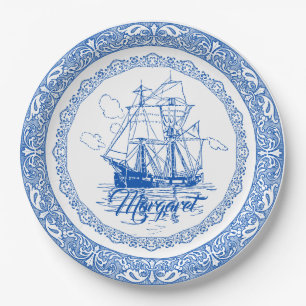 Vintage antike königsblaue Schiffsgrenze Pappteller