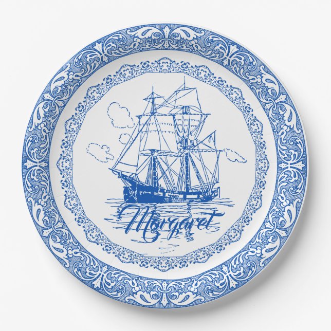 Vintage antike königsblaue Schiffsgrenze Pappteller (Vorderseite)