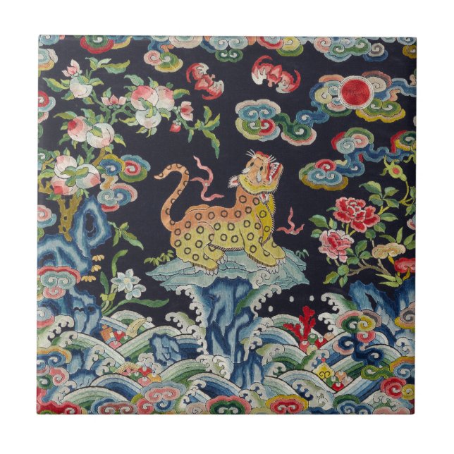 Vintage antike Leoparden-Blume Stickereitextilien Fliese (Vorderseite)