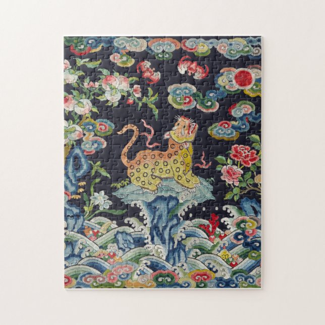 Vintage antike Leoparden-Blume Stickereitextilien Puzzle (Vertikal)