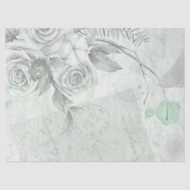 Vintage antike Minze Grau Rose Decoupage Seidenpapier (Vorderseite)