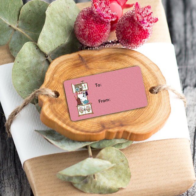 Vintage antike Retro Küche Stove Kaffeebuch Adressaufkleber (Gift tag / label / sticker with vintage old time cooking stove on pink.)