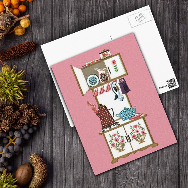 Vintage antike Retro Küche Stove Kaffeebuch Postkarte (Vintage white cooking stove with pots pans and pink flowers on pink postcard.)