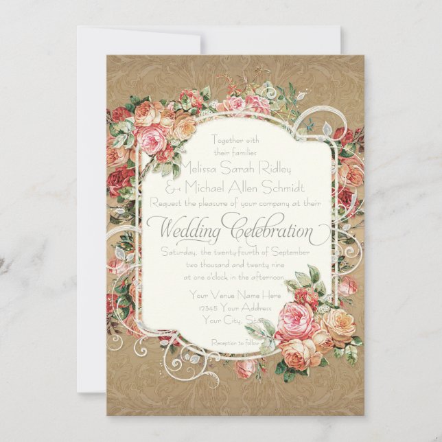 Vintage antike Rose Blumenstrauß Einladung (Vorderseite)