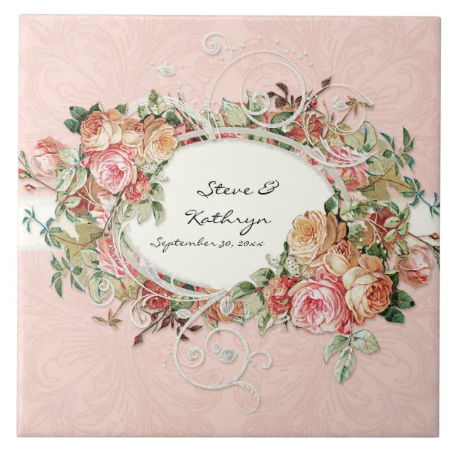 Vintage antike Rose Blumenstrauß Moderne Wirbel Fliese (Vorderseite)