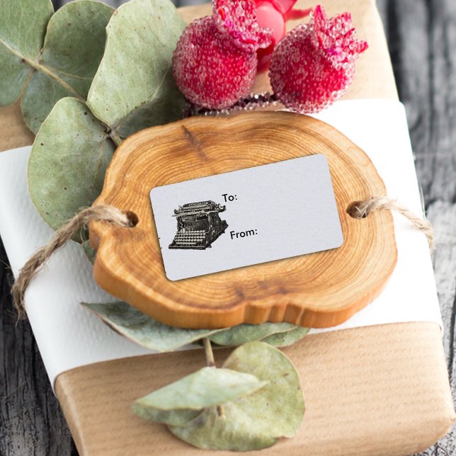 Vintage antike schwarze altmodische Schreibmaschin Adressaufkleber (Old time vintage manual black typewriter on light grey gift tag label.)