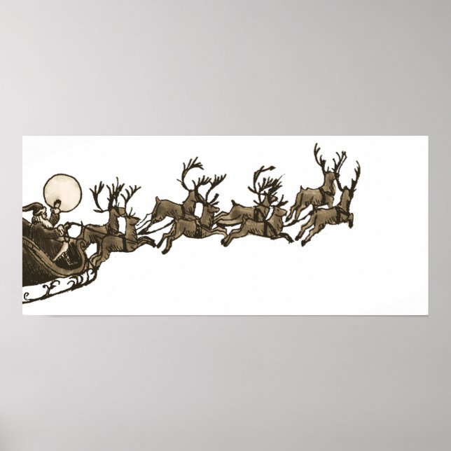 Vintage antike Sepia Santa Sleigh Rentiers Poster (Vorne)