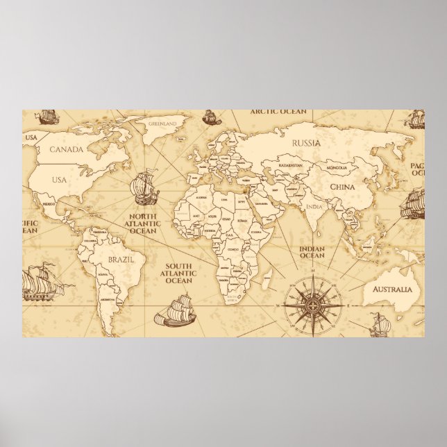 Vintage antike Weltkarte mit Ländergrenzen Poster (Vorne)