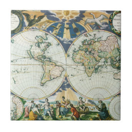 Vintage antike Weltkarte von Pieter Goos, 1666 Fliese