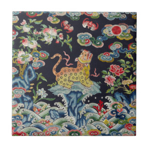 vintage antikes Leoparden-Blumen Stickerei Textil Fliese