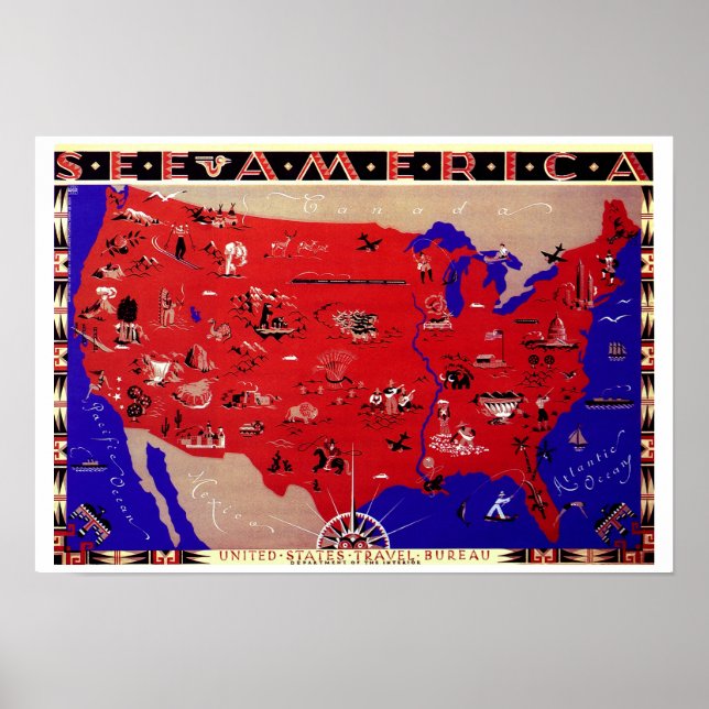 Vintage Antique Map USA, USA Poster (Vorne)