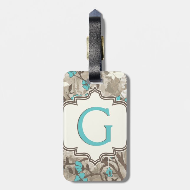 Vintage Aqua-Blume Blumengrunge Monogramm Gepäckanhänger (Rückseite vertikal)