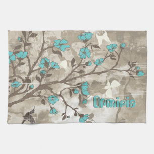 Vintage aqua Blumen floral grunge individuell Geschirrtuch