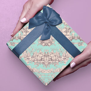 Vintage-Aquablau-Blumen-Toile-Geschenk Geschenkpapier Set