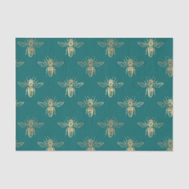 Vintage Aquamarine Bienen und Goldfoilbienen Seidenpapier