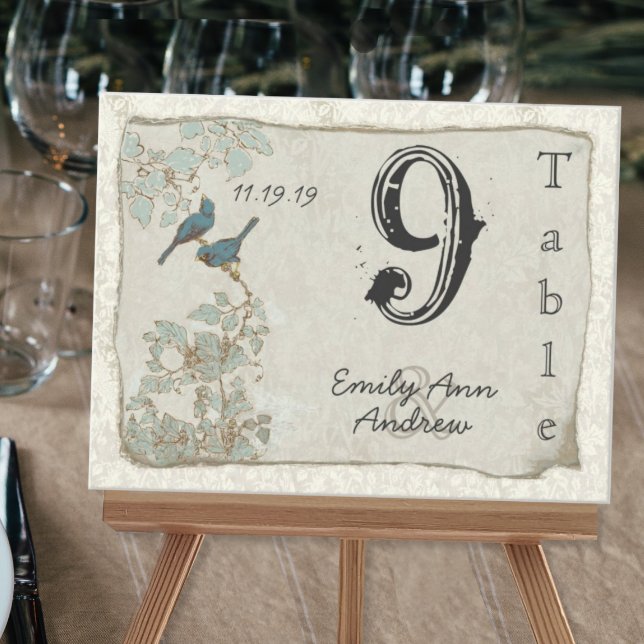 Vintage Aquamarine Birds Damask Hochzeit Tischnumm Postkarte (Von Creator hochgeladen)