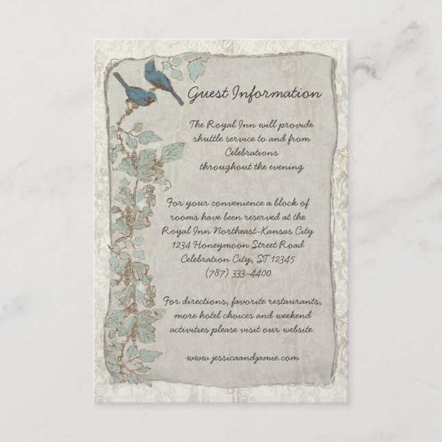 Vintage Aquamarine Birds Damask Hochzeitsinformati Begleitkarte (Vorderseite)