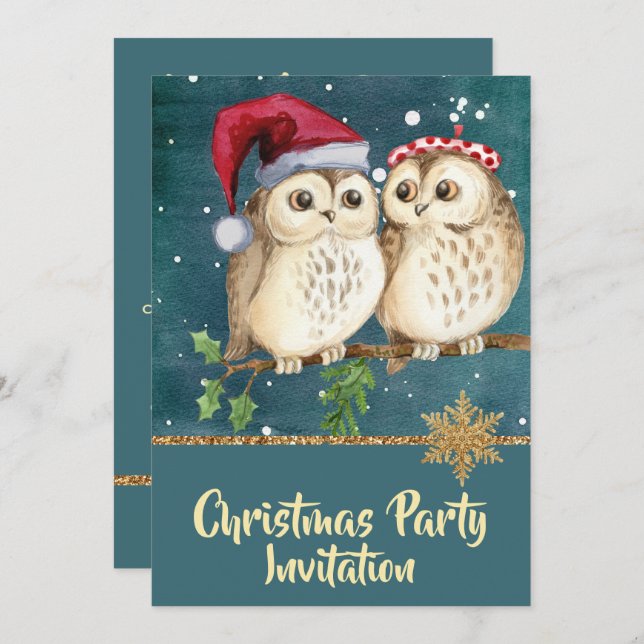 Vintage Aquamarine Blue Christmas Owls Party Einla Einladung (Vorne/Hinten)