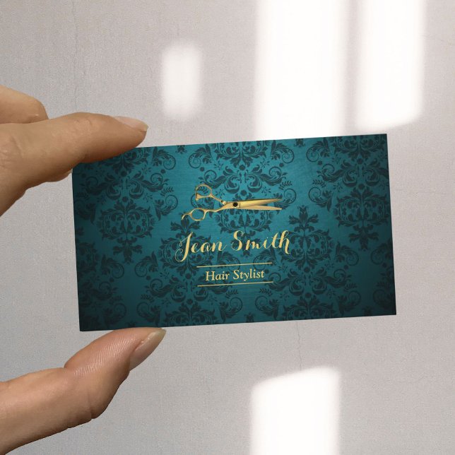 Vintage Aquamarine Damask Goldschere Haarstylistin Visitenkarte (Von Creator hochgeladen)