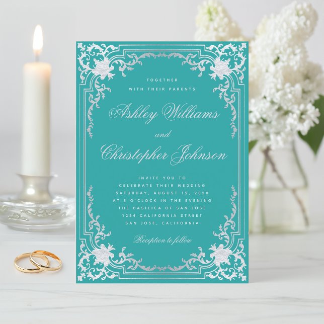 Vintage Aquamarine Imitate Silver Elegante Verzier Einladung (Von Creator hochgeladen)