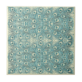 Vintage Aquamarine Pfauenfedern Jugendstil-Muster Fliese