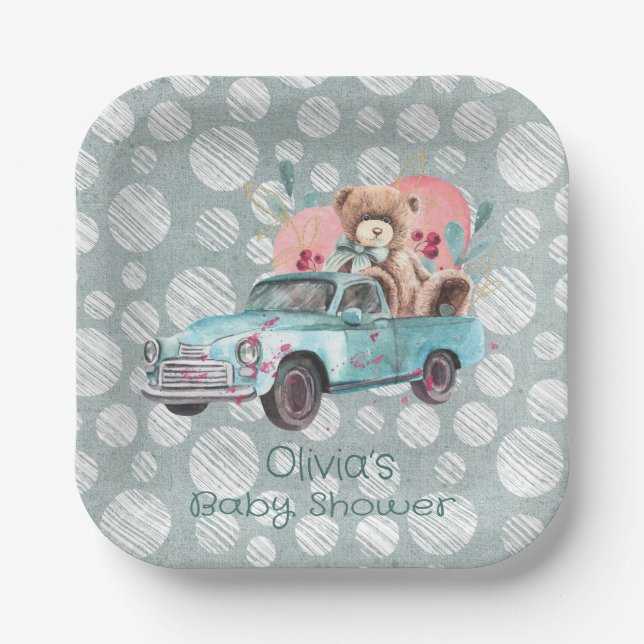 Vintage Aquamarine Truck Teddy Bear Babydusche Pappteller (Vorderseite)