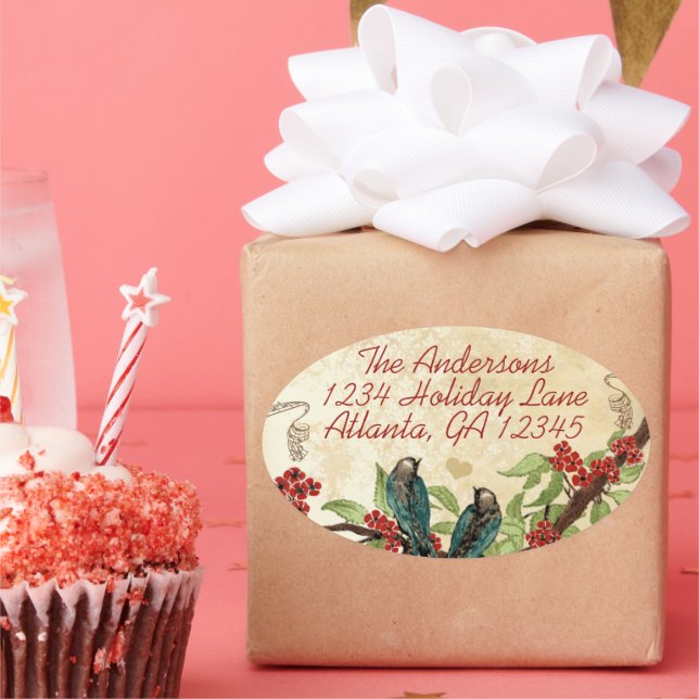 Vintage Aquamarine Vögel Burgundy Roter Blütenbaum Ovaler Aufkleber (Party)