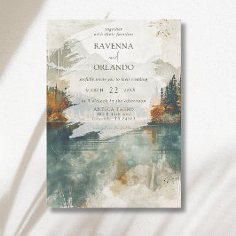 Vintage Aquarell Bergsee Hochzeit im Herbst Einladung