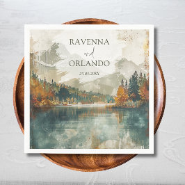 Vintage Aquarell Bergsee Hochzeit im Herbst Serviette