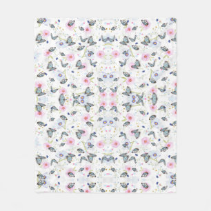 Vintage-Aquarell Blau Schmetterling & Rosa Floral Fleecedecke