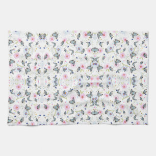 Vintage-Aquarell Blau Schmetterling & Rosa Floral Geschirrtuch