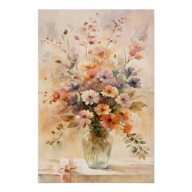 Vintage Aquarell-Blume in Glasvase Poster (Vorderseite)