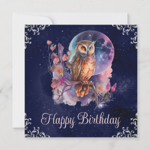 Vintage-Aquarell-Himmels-Fantasie-Eule-Geburtstag Karte