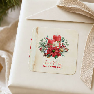 Vintage-Aquarell-Kerzen & Weihnachtsstern Quadratischer Aufkleber