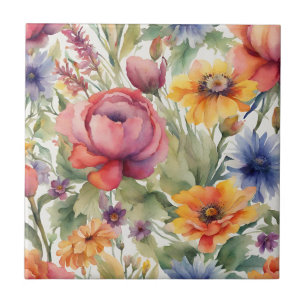 Vintage Aquarell-Mischblumen in Blüte Fliese