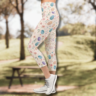 Vintage-Aquarell-Osterblumen-Blätter-Eier Capri Leggings