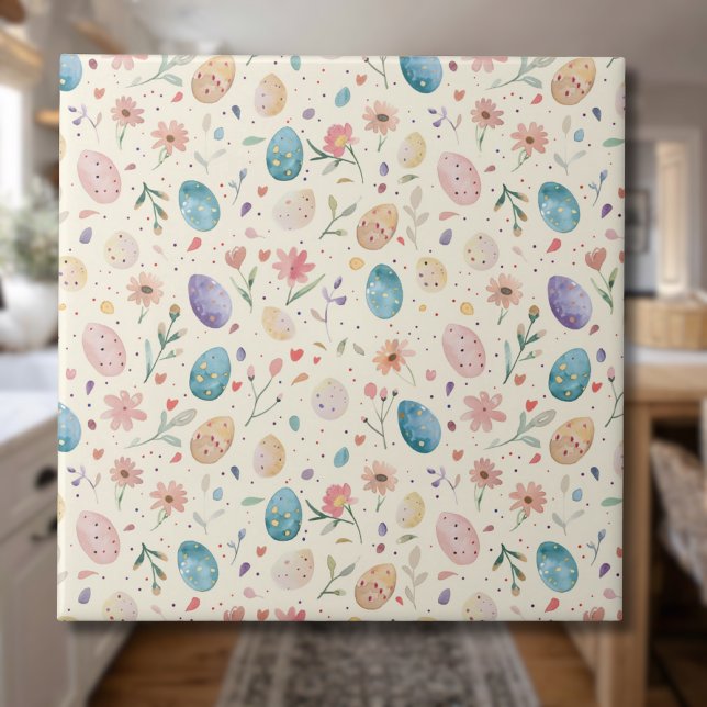 Vintage-Aquarell-Osterblumen-Blätter-Eier Fliese (Von Creator hochgeladen)