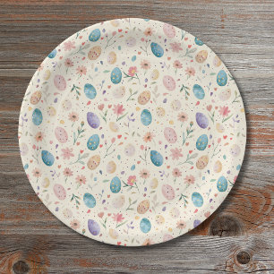 Vintage-Aquarell-Osterblumen-Blätter-Eier Pappteller