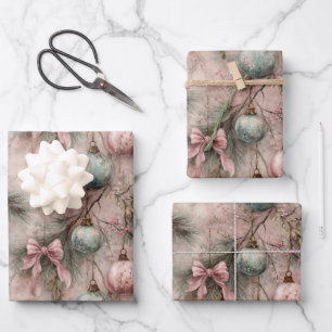 Vintage-Aquarell-Rosa- und Grün-Baumschmuck-Weihna Geschenkpapier Set