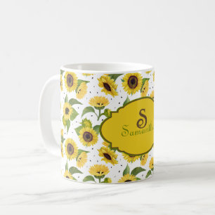 Vintage-Aquarell-Sonnenblumen-Name-Monogramm  Kaffeetasse
