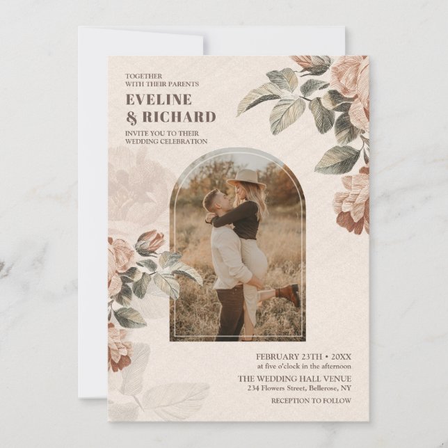 Vintage Aquarell Terracotta Rose Salami binden Einladung (Vorderseite)