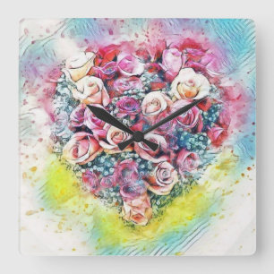 Vintage-Aquarell von farbenfrohen Rosenherzen Quadratische Wanduhr