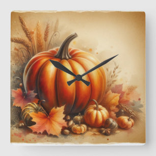 Vintage-Aquarell von Kürbissen und Herbstlaub Quadratische Wanduhr