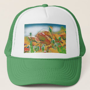 Vintage-Aquarell von orange-grünen Mohnblumen Truckerkappe