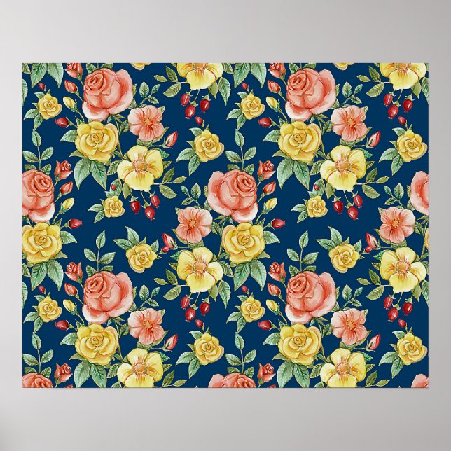 Vintage Aquarellblumen-Rose Hintergrund | Poster (Vorne)