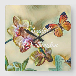 Vintage Aquarellfarbe Rosa Gelbe Orchideen Blume Quadratische Wanduhr