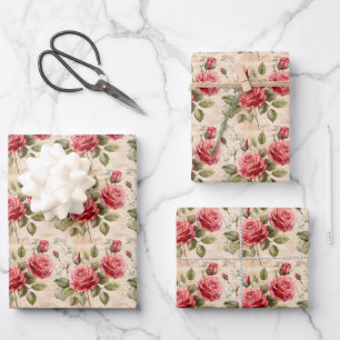 Vintage Aquarellfarbe Rote französische Rose Grün Geschenkpapier Set